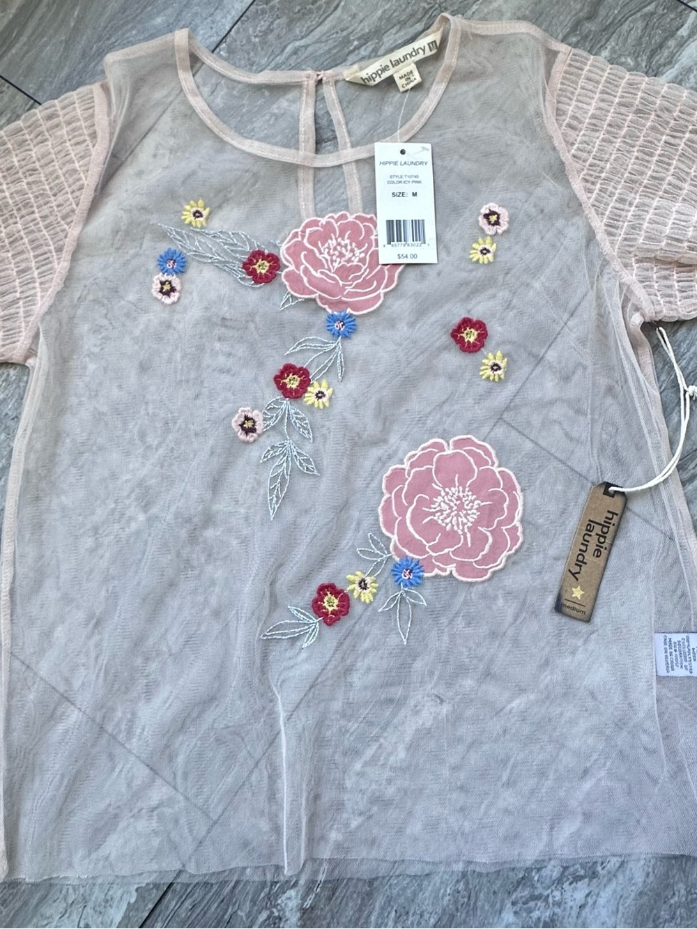 NWT Hippie Laundry Mesh Floral Embroidered Top Medium‎ Pink Sheer Boho